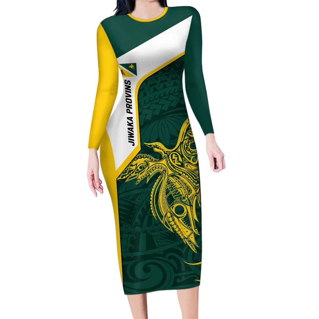 Personalised PNG Jiwaka Province Family Matching Long Sleeve Bodycon Dress and Hawaiian Shirt Bird of Paradise Tattoo Flag Motif - Polynesian Pride
