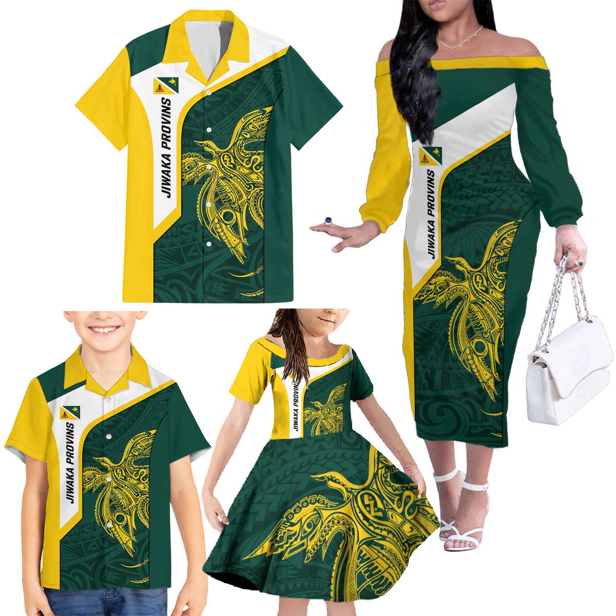 Personalised PNG Jiwaka Province Family Matching Off The Shoulder Long Sleeve Dress and Hawaiian Shirt Bird of Paradise Tattoo Flag Motif - Polynesian Pride