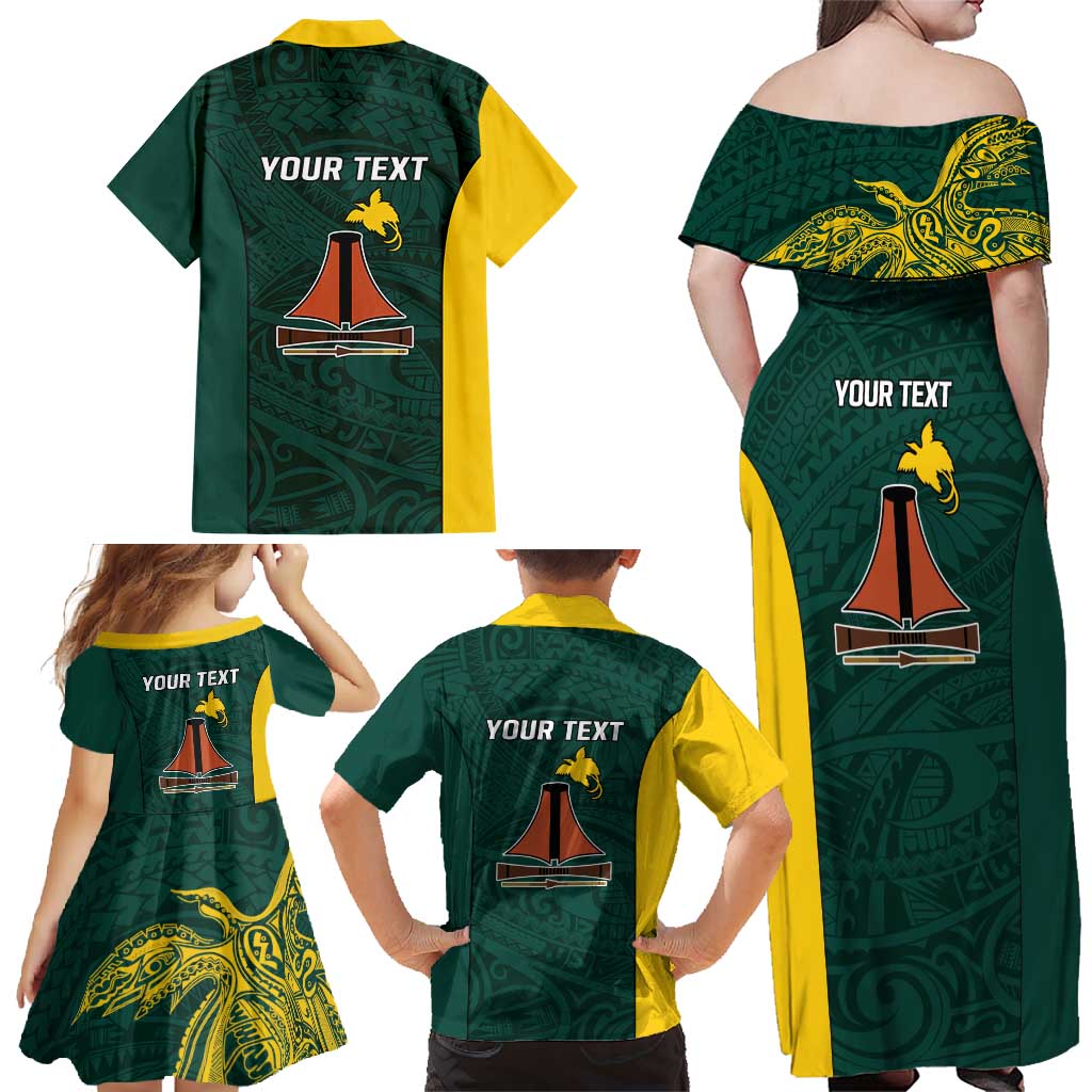 Personalised PNG Jiwaka Province Family Matching Off Shoulder Maxi Dress and Hawaiian Shirt Bird of Paradise Tattoo Flag Motif - Polynesian Pride