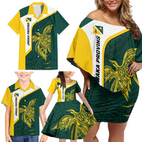 Personalised PNG Jiwaka Province Family Matching Off Shoulder Short Dress and Hawaiian Shirt Bird of Paradise Tattoo Flag Motif - Polynesian Pride
