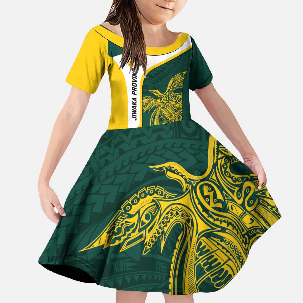 Personalised PNG Jiwaka Province Family Matching Summer Maxi Dress and Hawaiian Shirt Bird of Paradise Tattoo Flag Motif LT9 Daughter's Dress Green - Polynesian Pride