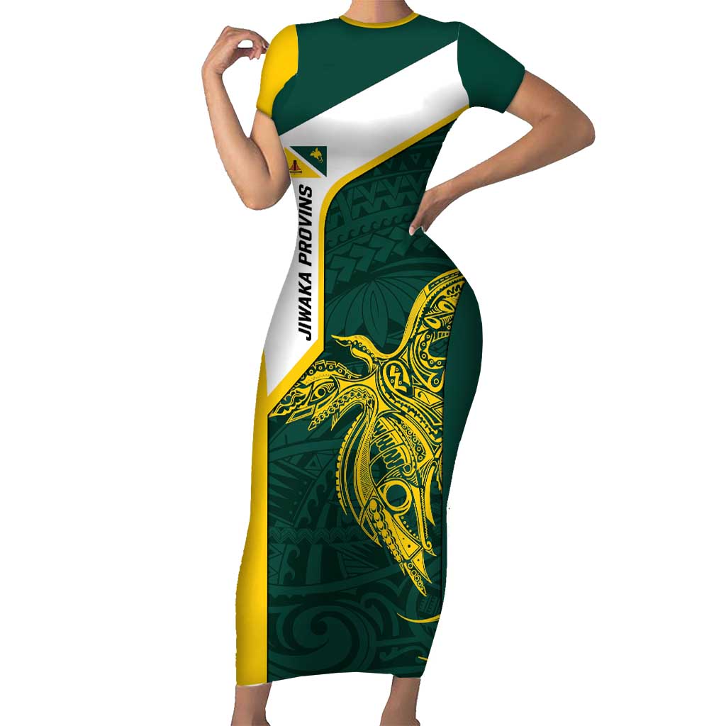 Personalised PNG Jiwaka Province Short Sleeve Bodycon Dress Bird of Paradise Tattoo Flag Motif - Polynesian Pride