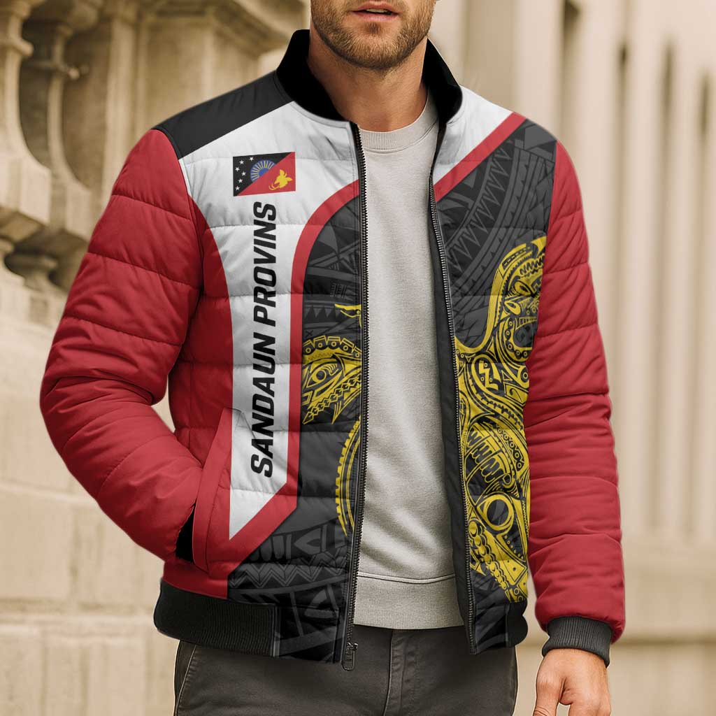 Personalised PNG Sandaun Province Bomber Puffer Jacket Bird of Paradise Tattoo Flag Motif - Polynesian Pride