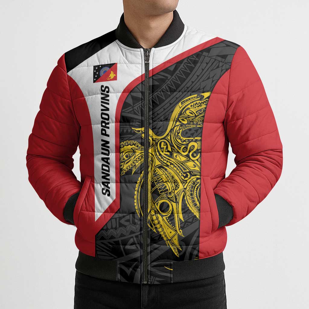 Personalised PNG Sandaun Province Bomber Puffer Jacket Bird of Paradise Tattoo Flag Motif - Polynesian Pride