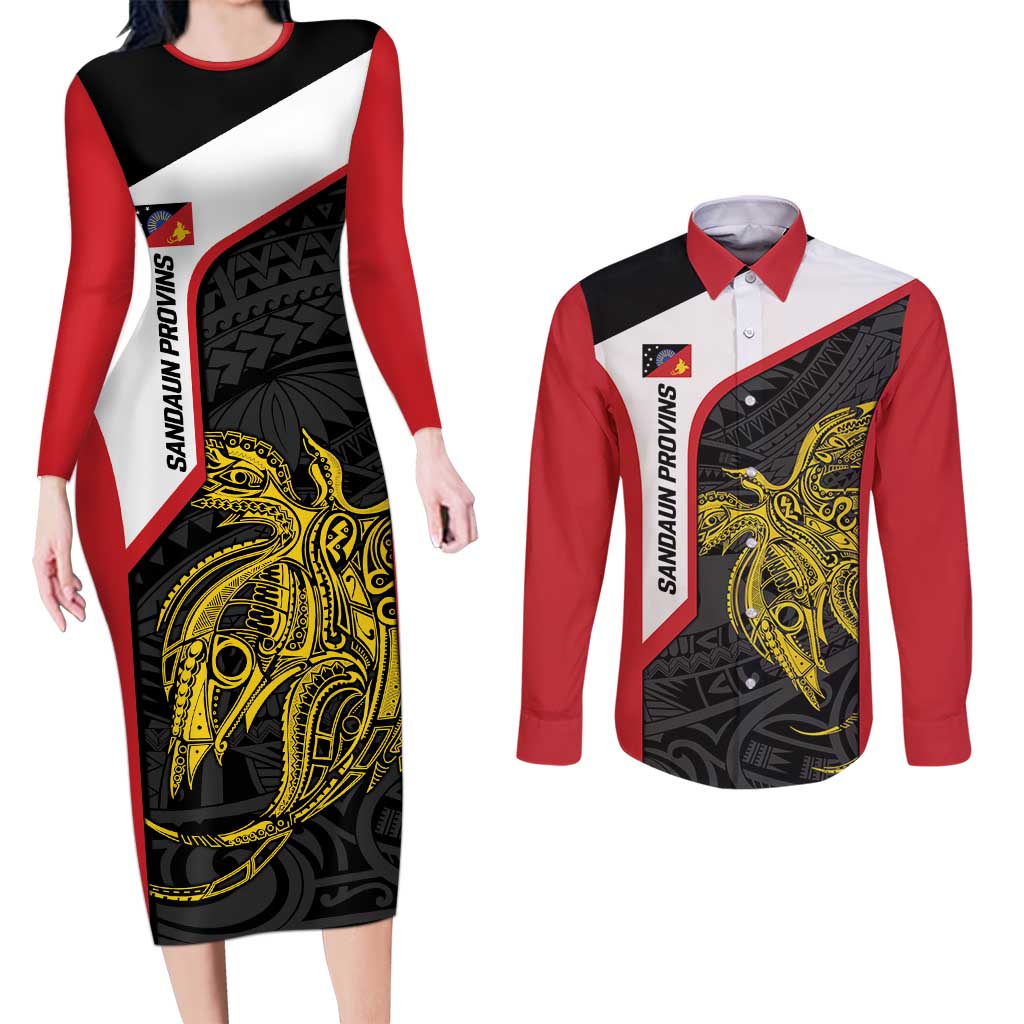 Personalised PNG Sandaun Province Couples Matching Long Sleeve Bodycon Dress and Long Sleeve Button Shirt Bird of Paradise Tattoo Flag Motif LT9 Red - Polynesian Pride