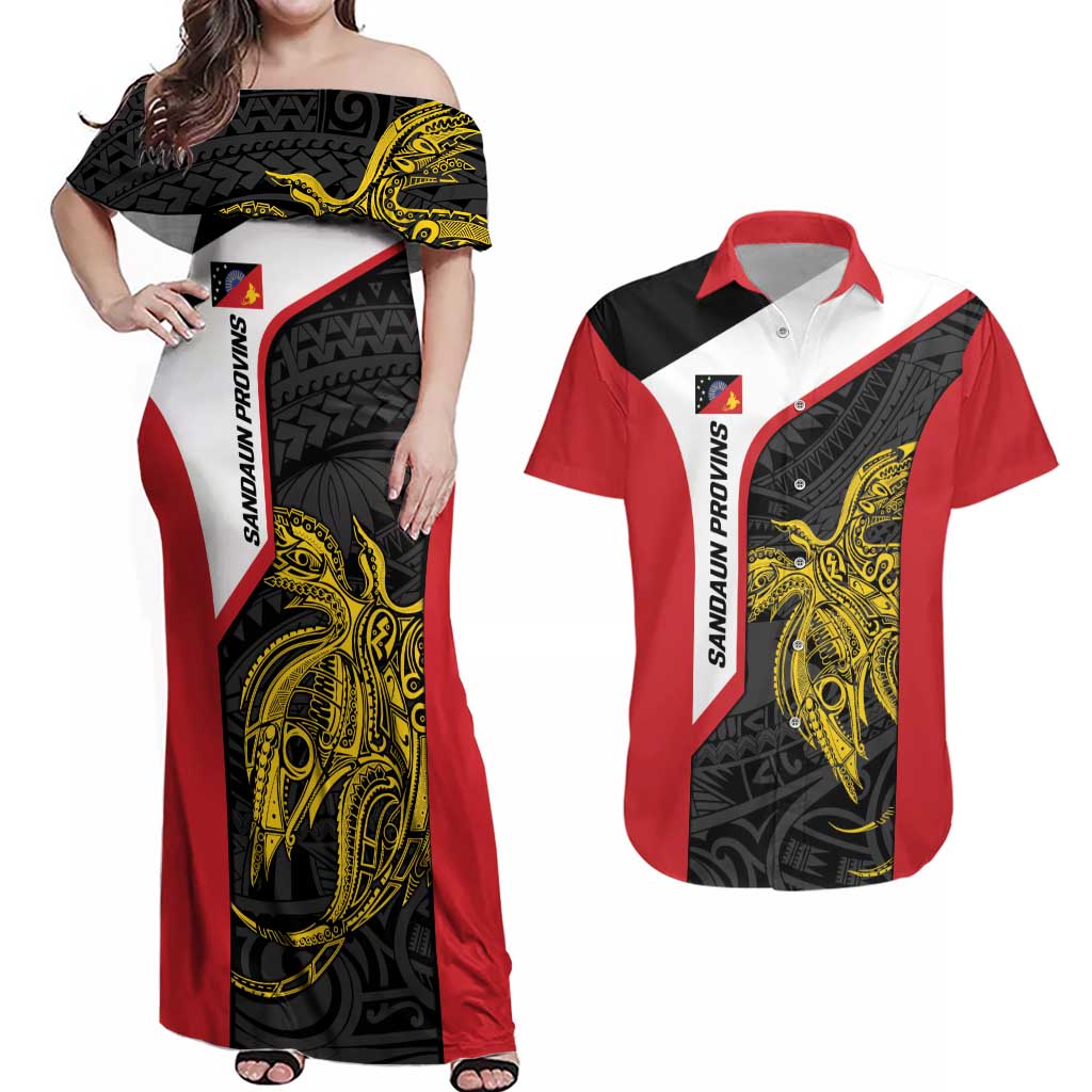 Personalised PNG Sandaun Province Couples Matching Off Shoulder Maxi Dress and Hawaiian Shirt Bird of Paradise Tattoo Flag Motif - Polynesian Pride