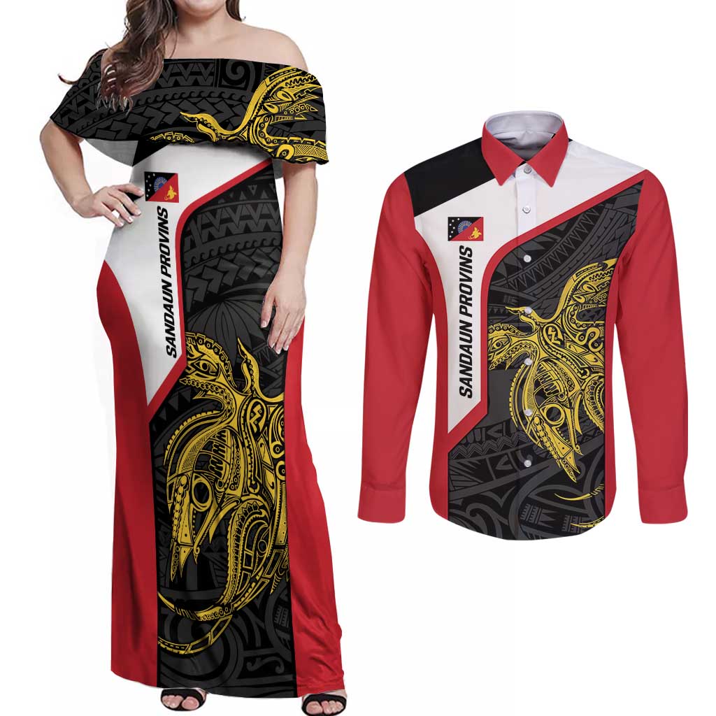 Personalised PNG Sandaun Province Couples Matching Off Shoulder Maxi Dress and Long Sleeve Button Shirt Bird of Paradise Tattoo Flag Motif LT9 Red - Polynesian Pride