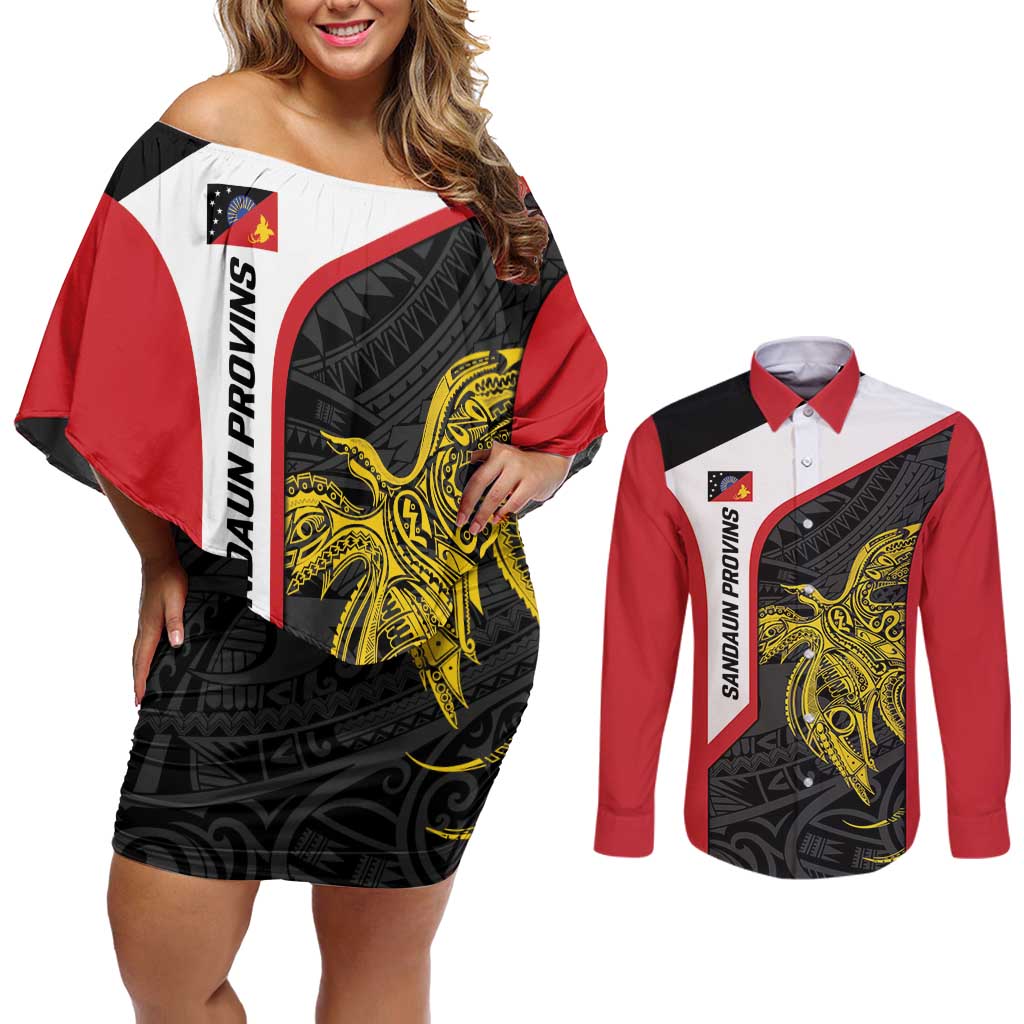 Personalised PNG Sandaun Province Couples Matching Off Shoulder Short Dress and Long Sleeve Button Shirt Bird of Paradise Tattoo Flag Motif LT9 Red - Polynesian Pride