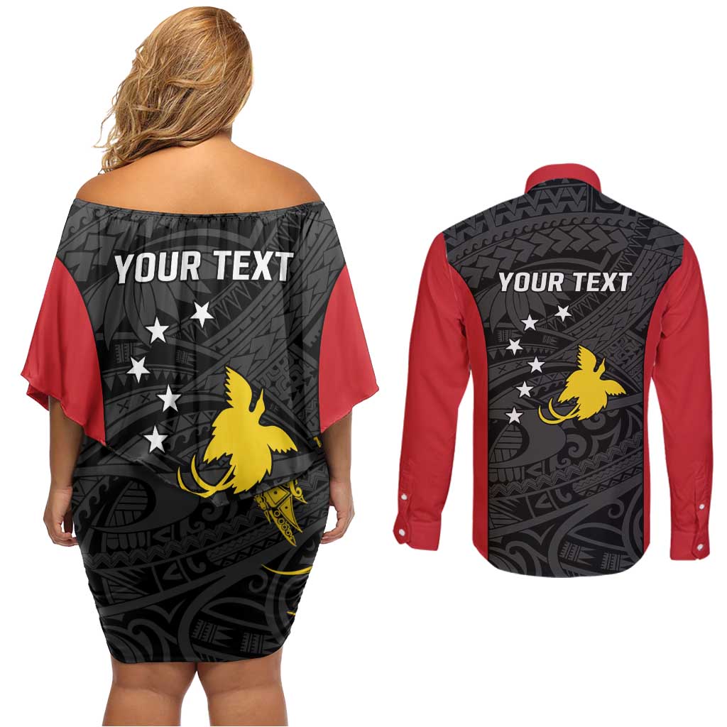 Personalised PNG Sandaun Province Couples Matching Off Shoulder Short Dress and Long Sleeve Button Shirt Bird of Paradise Tattoo Flag Motif - Polynesian Pride