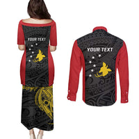Personalised PNG Sandaun Province Couples Matching Puletasi and Long Sleeve Button Shirt Bird of Paradise Tattoo Flag Motif - Polynesian Pride