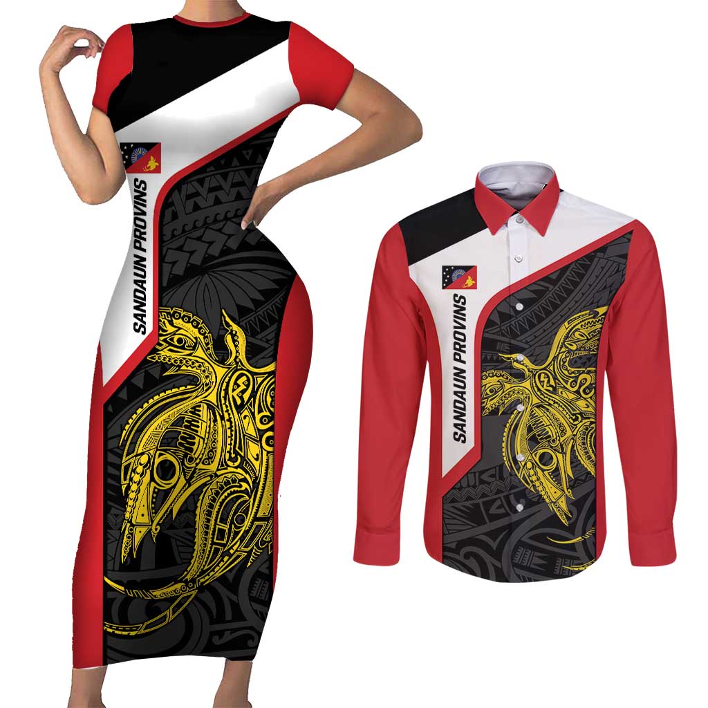 Personalised PNG Sandaun Province Couples Matching Short Sleeve Bodycon Dress and Long Sleeve Button Shirt Bird of Paradise Tattoo Flag Motif LT9 Red - Polynesian Pride