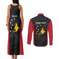 Personalised PNG Sandaun Province Couples Matching Tank Maxi Dress and Long Sleeve Button Shirt Bird of Paradise Tattoo Flag Motif - Polynesian Pride