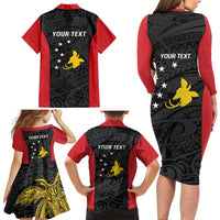 Personalised PNG Sandaun Province Family Matching Long Sleeve Bodycon Dress and Hawaiian Shirt Bird of Paradise Tattoo Flag Motif - Polynesian Pride