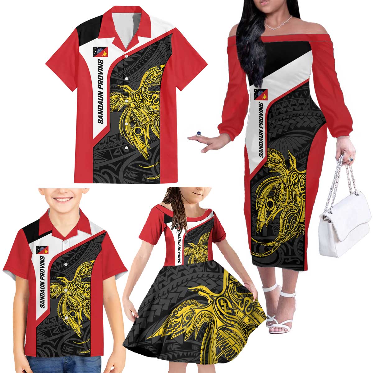 Personalised PNG Sandaun Province Family Matching Off The Shoulder Long Sleeve Dress and Hawaiian Shirt Bird of Paradise Tattoo Flag Motif - Polynesian Pride