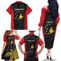 Personalised PNG Sandaun Province Family Matching Off The Shoulder Long Sleeve Dress and Hawaiian Shirt Bird of Paradise Tattoo Flag Motif - Polynesian Pride