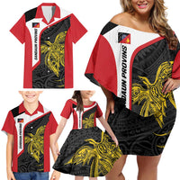 Personalised PNG Sandaun Province Family Matching Off Shoulder Short Dress and Hawaiian Shirt Bird of Paradise Tattoo Flag Motif - Polynesian Pride