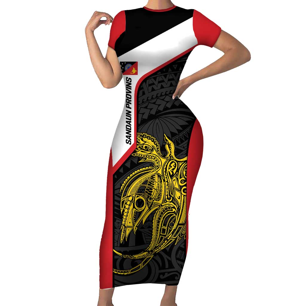 Personalised PNG Sandaun Province Family Matching Short Sleeve Bodycon Dress and Hawaiian Shirt Bird of Paradise Tattoo Flag Motif - Polynesian Pride
