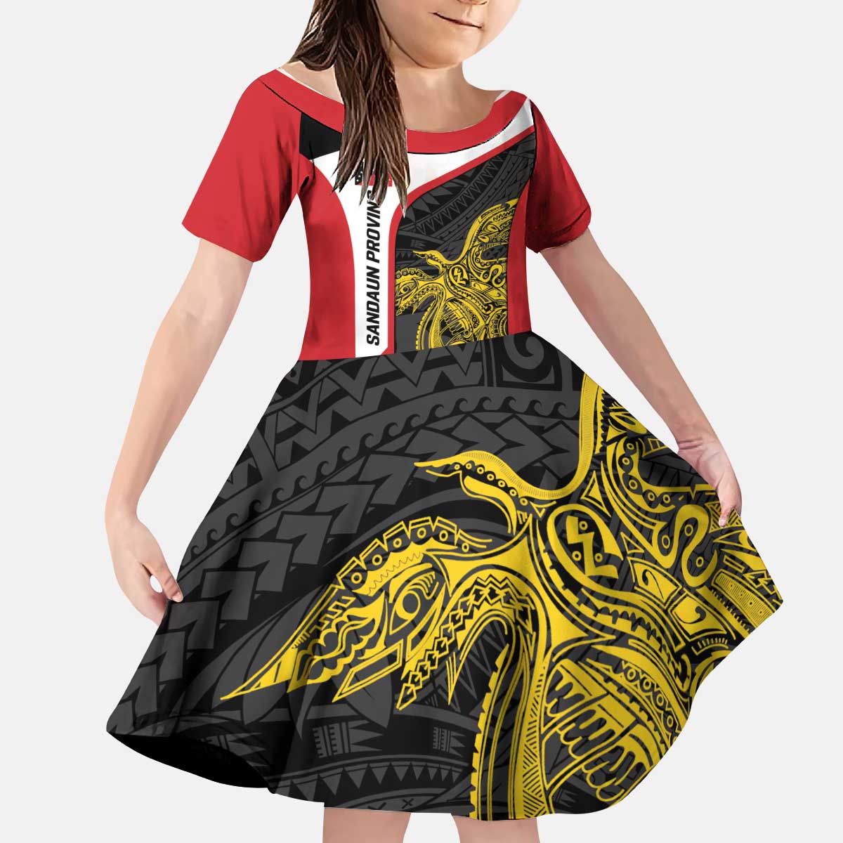 Personalised PNG Sandaun Province Kid Short Sleeve Dress Bird of Paradise Tattoo Flag Motif - Polynesian Pride