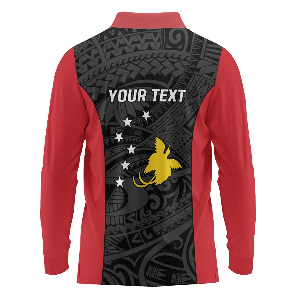 Personalised PNG Sandaun Province Long Sleeve Polo Shirt Bird of Paradise Tattoo Flag Motif - Polynesian Pride