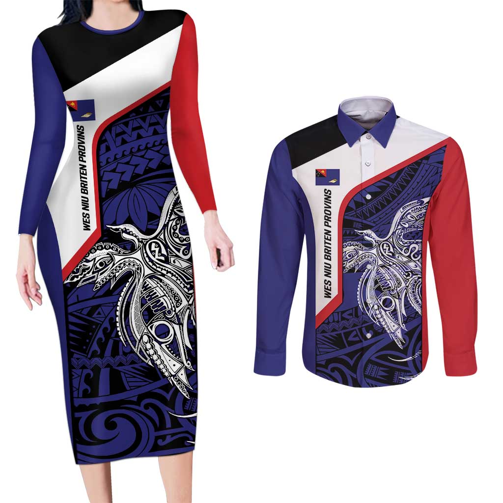 Personalised PNG West New Britain Province Couples Matching Long Sleeve Bodycon Dress and Long Sleeve Button Shirt Bird of Paradise Tattoo Flag Motif - Polynesian Pride
