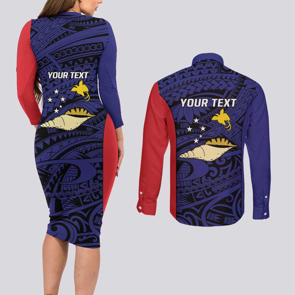 Personalised PNG West New Britain Province Couples Matching Long Sleeve Bodycon Dress and Long Sleeve Button Shirt Bird of Paradise Tattoo Flag Motif - Polynesian Pride
