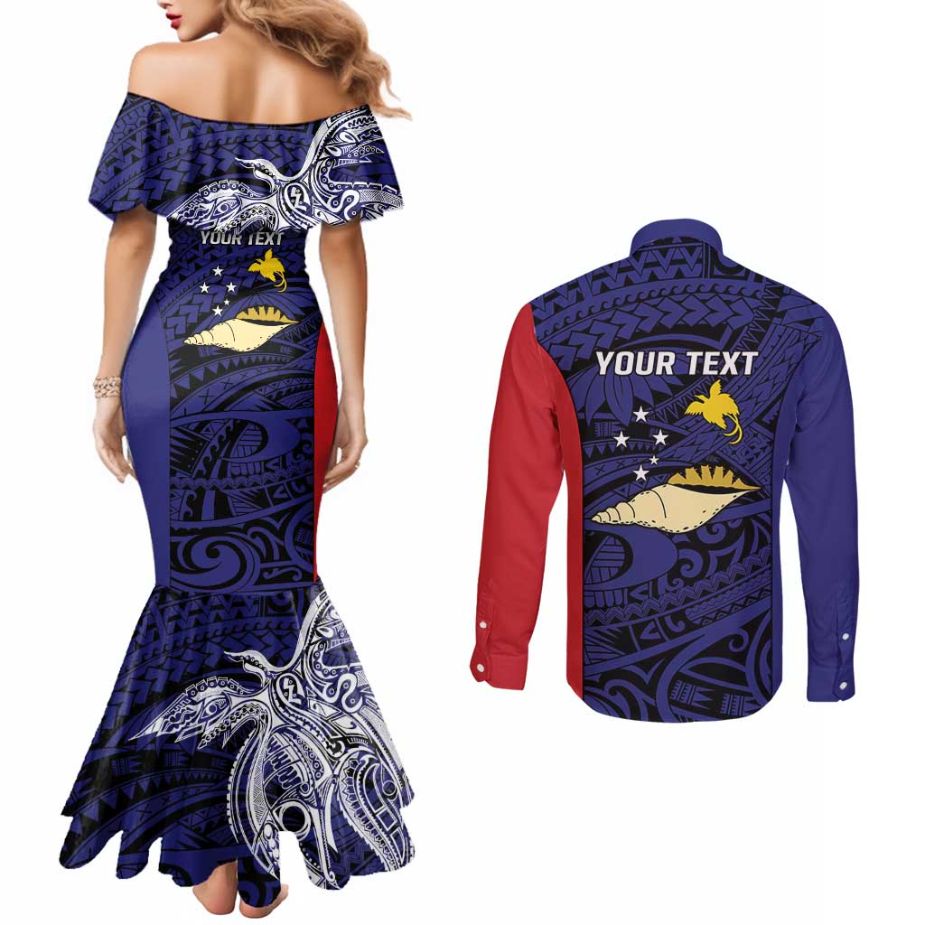 Personalised PNG West New Britain Province Couples Matching Mermaid Dress and Long Sleeve Button Shirt Bird of Paradise Tattoo Flag Motif - Polynesian Pride