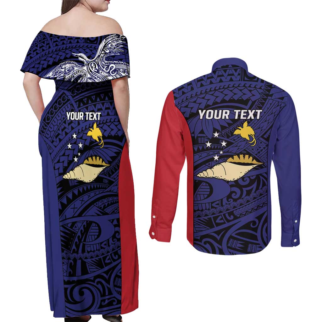 Personalised PNG West New Britain Province Couples Matching Off Shoulder Maxi Dress and Long Sleeve Button Shirt Bird of Paradise Tattoo Flag Motif - Polynesian Pride