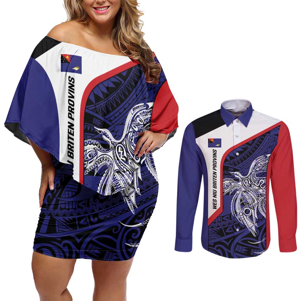 Personalised PNG West New Britain Province Couples Matching Off Shoulder Short Dress and Long Sleeve Button Shirt Bird of Paradise Tattoo Flag Motif - Polynesian Pride