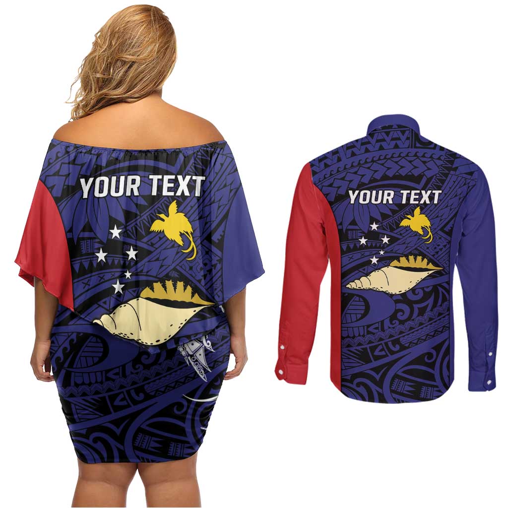 Personalised PNG West New Britain Province Couples Matching Off Shoulder Short Dress and Long Sleeve Button Shirt Bird of Paradise Tattoo Flag Motif - Polynesian Pride
