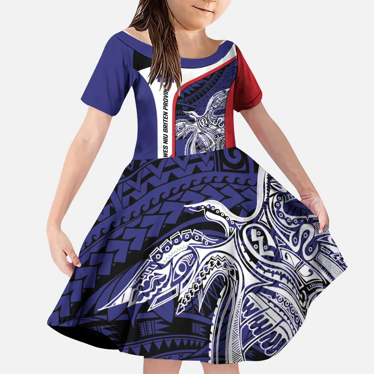 Personalised PNG West New Britain Province Kid Short Sleeve Dress Bird of Paradise Tattoo Flag Motif - Polynesian Pride