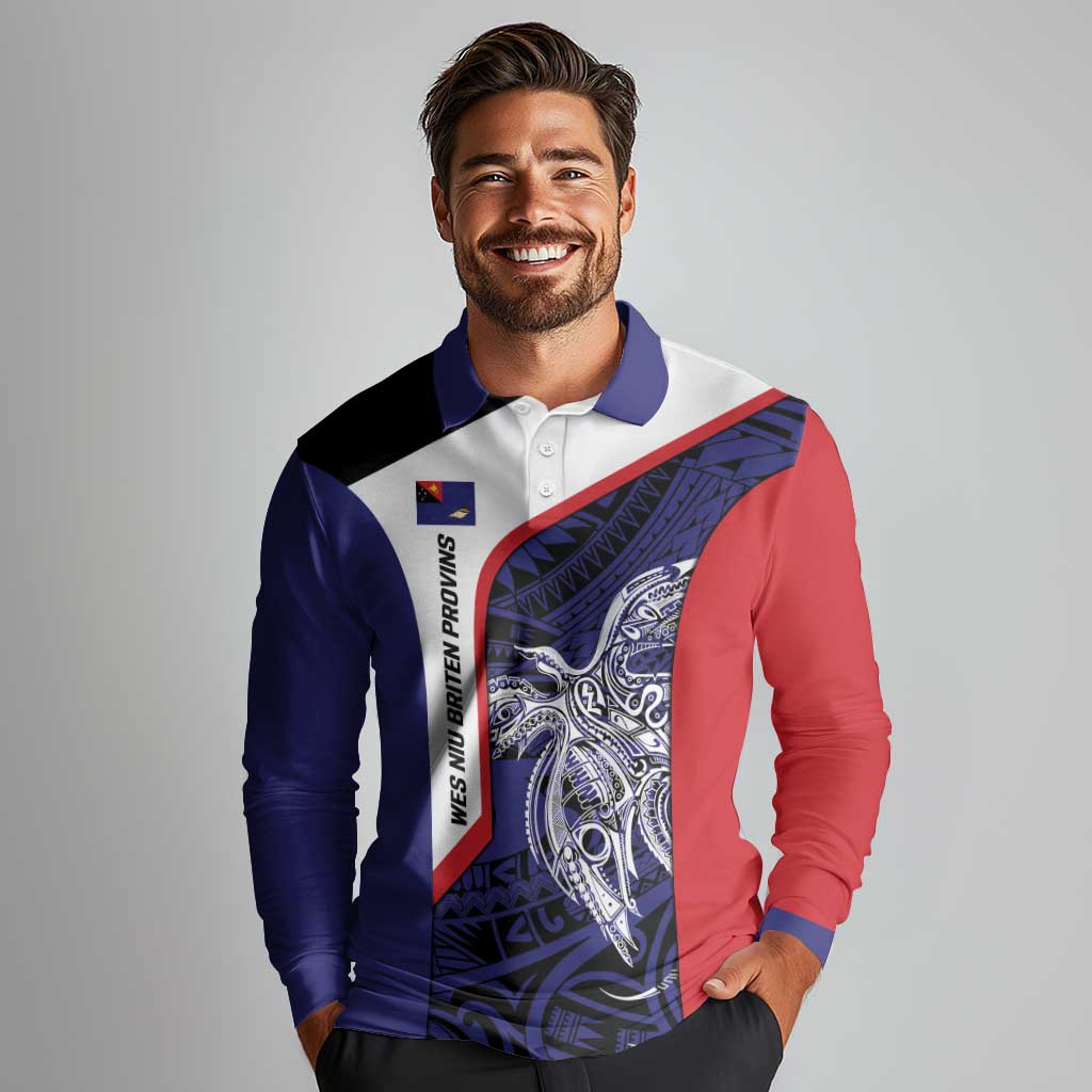Personalised PNG West New Britain Province Long Sleeve Polo Shirt Bird of Paradise Tattoo Flag Motif - Polynesian Pride