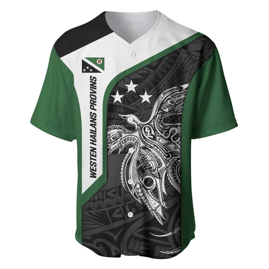 Personalised PNG Western Highlands Province Baseball Jersey Bird of Paradise Tattoo Flag Motif - Polynesian Pride