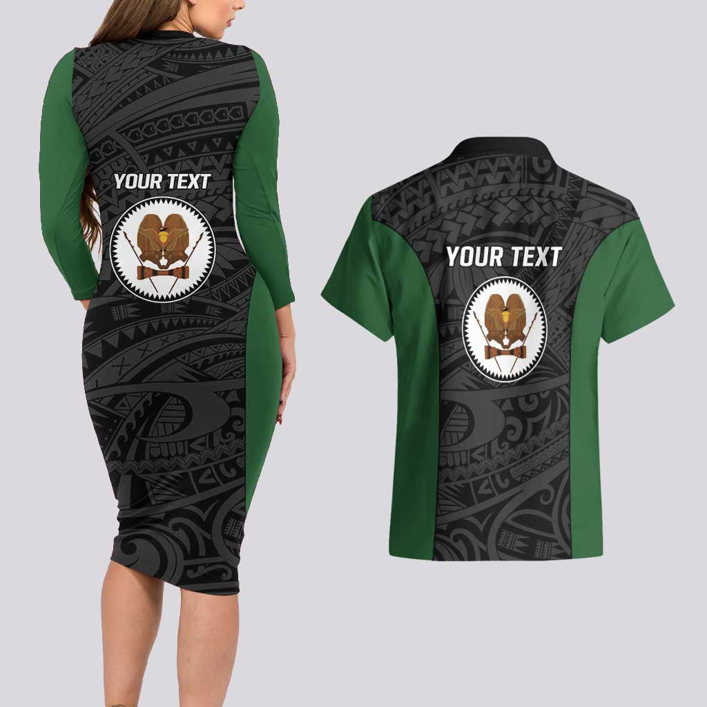 Personalised PNG Western Highlands Province Couples Matching Long Sleeve Bodycon Dress and Hawaiian Shirt Bird of Paradise Tattoo Flag Motif - Polynesian Pride