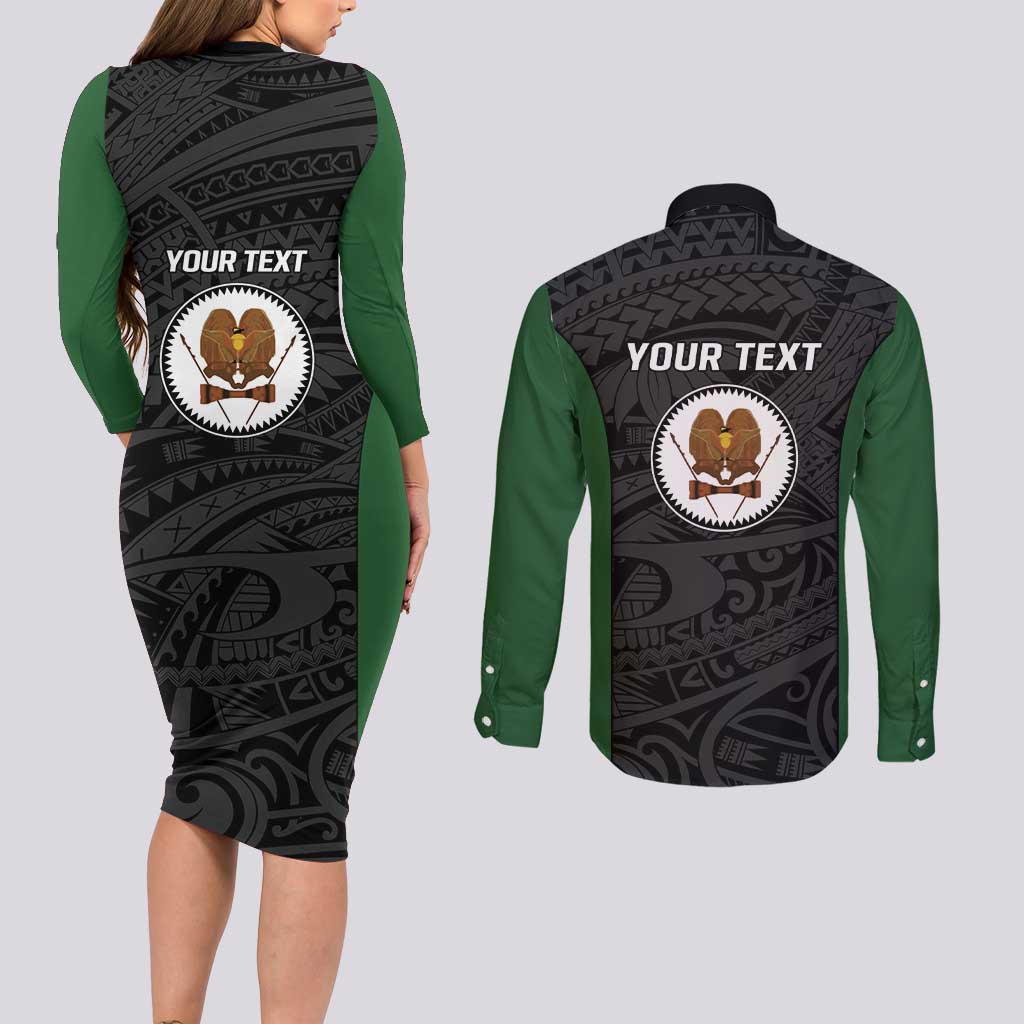 Personalised PNG Western Highlands Province Couples Matching Long Sleeve Bodycon Dress and Long Sleeve Button Shirt Bird of Paradise Tattoo Flag Motif - Polynesian Pride
