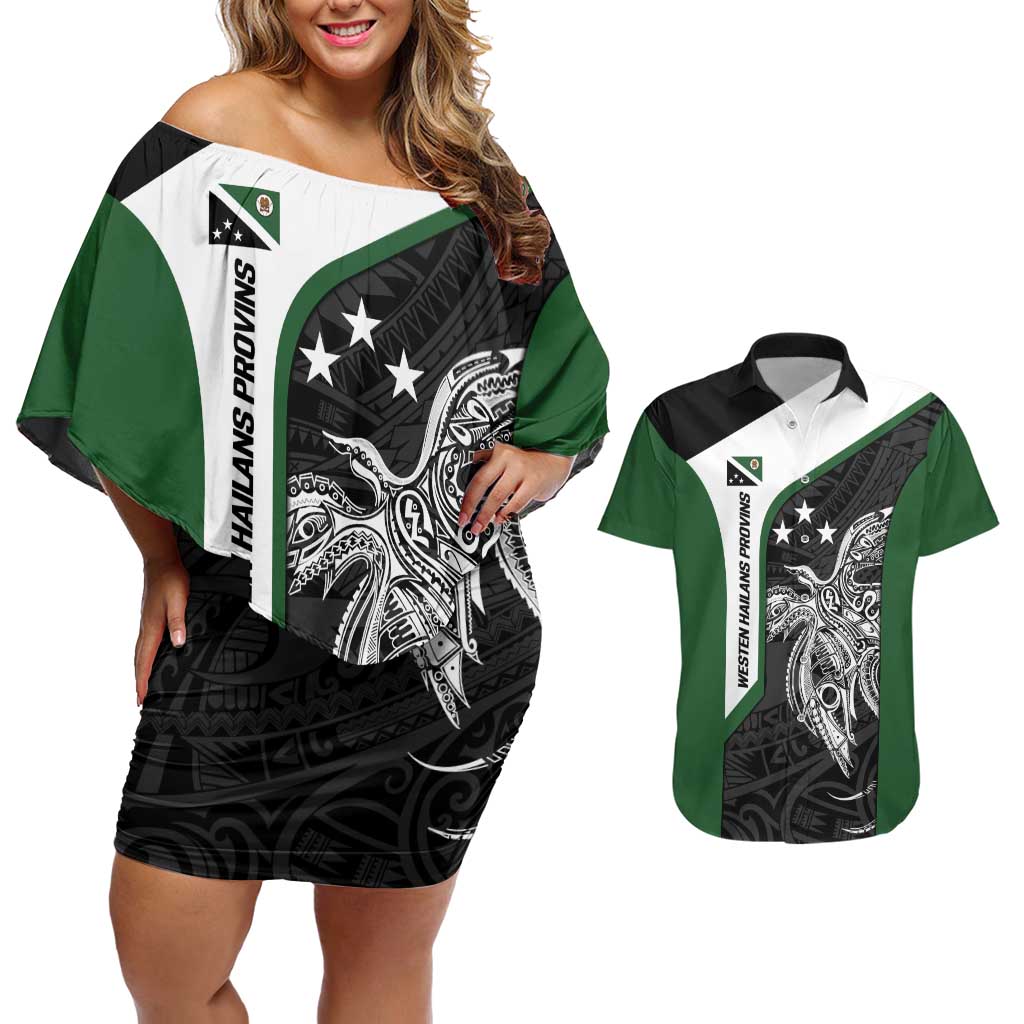 Personalised PNG Western Highlands Province Couples Matching Off Shoulder Short Dress and Hawaiian Shirt Bird of Paradise Tattoo Flag Motif - Polynesian Pride