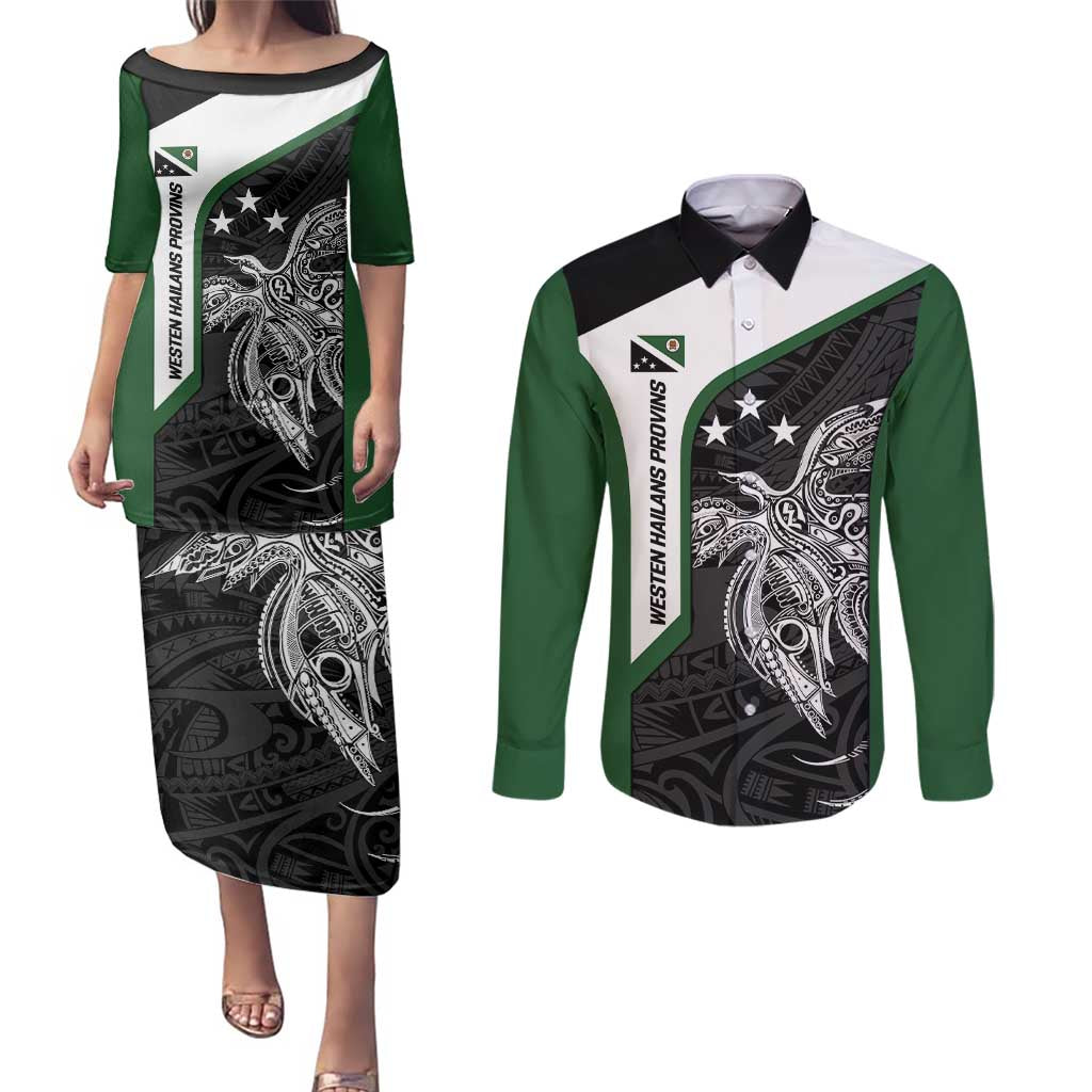 Personalised PNG Western Highlands Province Couples Matching Puletasi and Long Sleeve Button Shirt Bird of Paradise Tattoo Flag Motif LT9 Green - Polynesian Pride