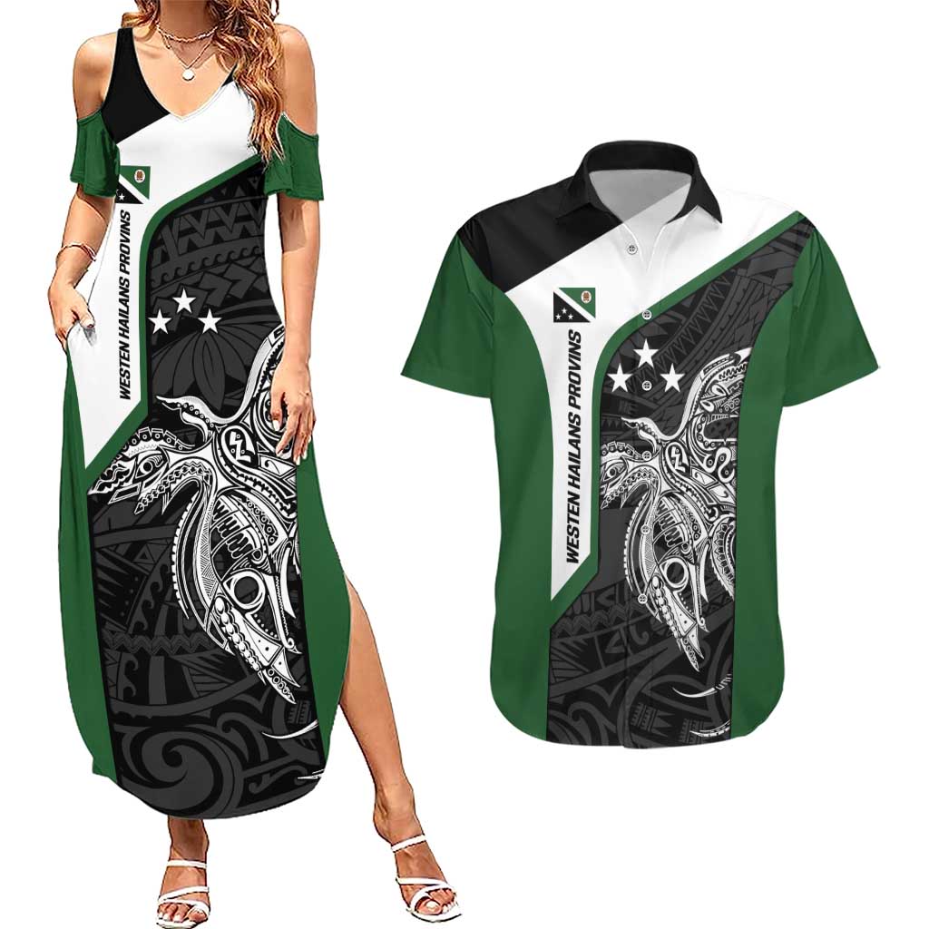 Personalised PNG Western Highlands Province Couples Matching Summer Maxi Dress and Hawaiian Shirt Bird of Paradise Tattoo Flag Motif - Polynesian Pride