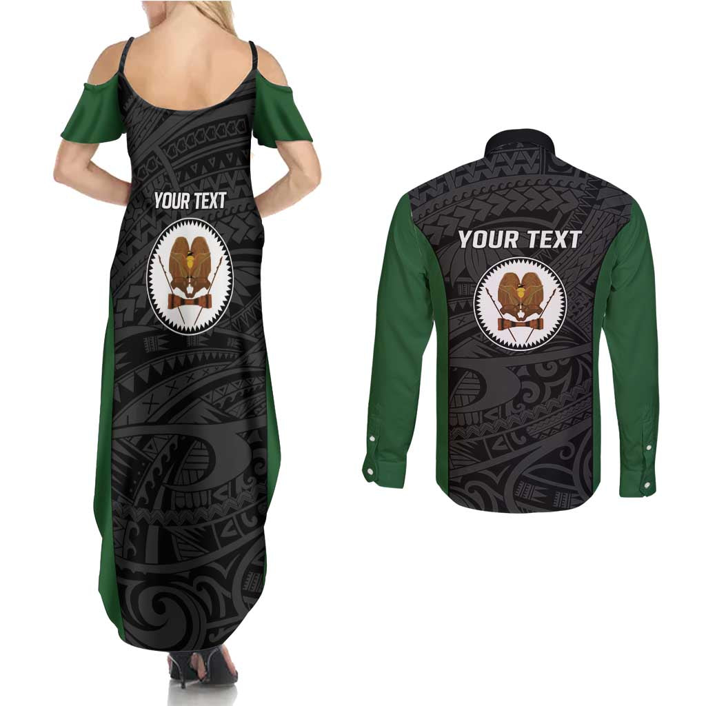 Personalised PNG Western Highlands Province Couples Matching Summer Maxi Dress and Long Sleeve Button Shirt Bird of Paradise Tattoo Flag Motif - Polynesian Pride