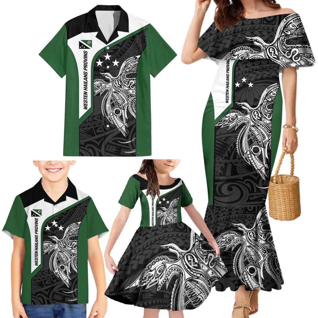 Personalised PNG Western Highlands Province Family Matching Mermaid Dress and Hawaiian Shirt Bird of Paradise Tattoo Flag Motif - Polynesian Pride