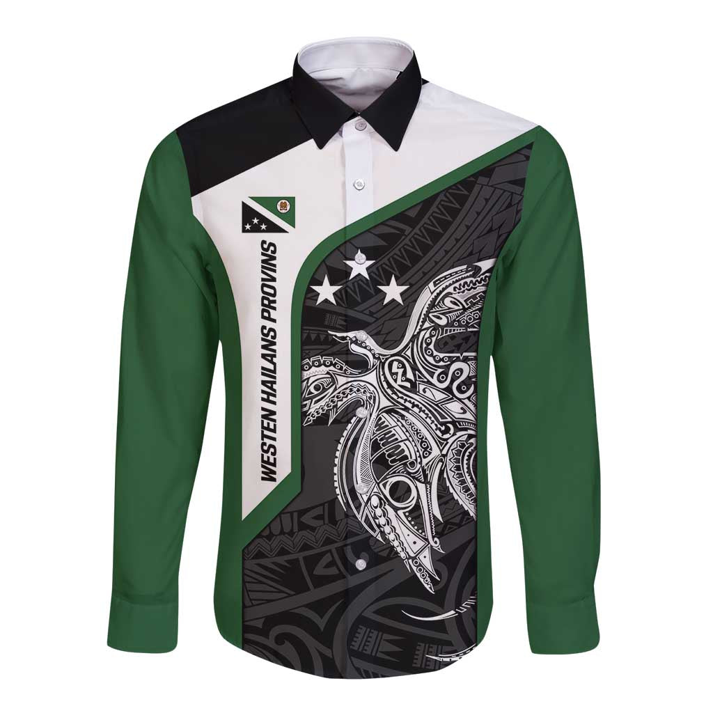 Personalised PNG Western Highlands Province Long Sleeve Button Shirt Bird of Paradise Tattoo Flag Motif - Polynesian Pride