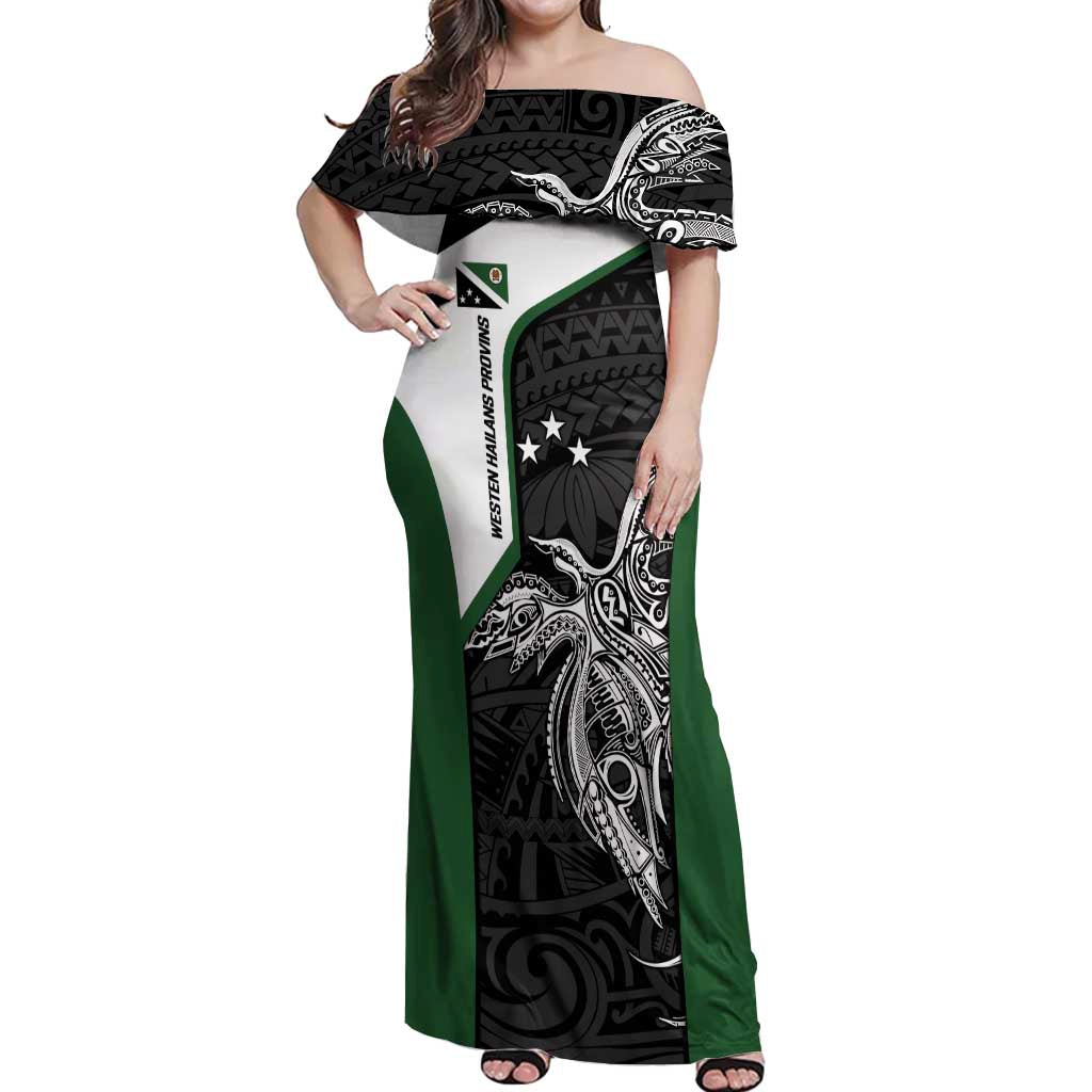 Personalised PNG Western Highlands Province Off Shoulder Maxi Dress Bird of Paradise Tattoo Flag Motif - Polynesian Pride