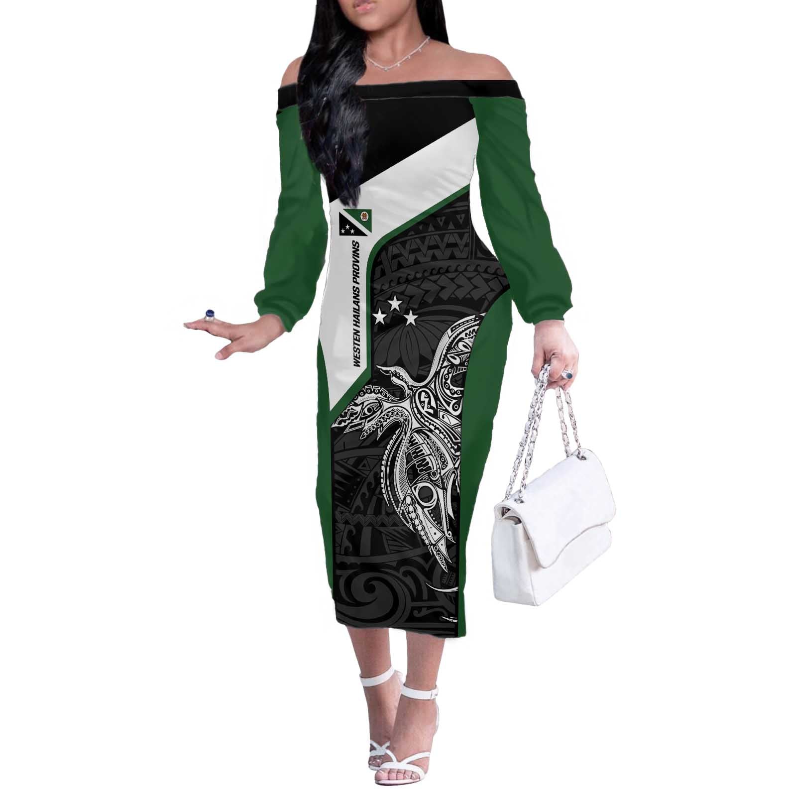 Personalised PNG Western Highlands Province Off The Shoulder Long Sleeve Dress Bird of Paradise Tattoo Flag Motif - Polynesian Pride