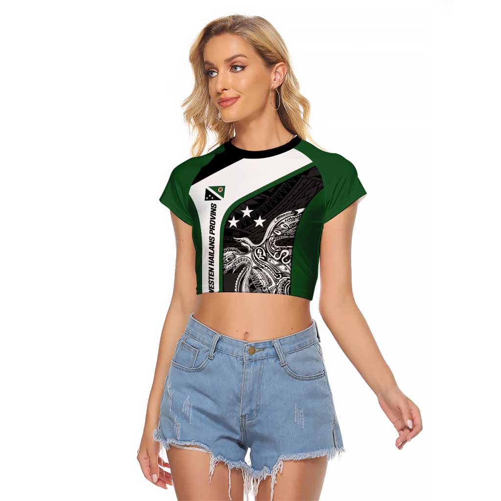 Personalised PNG Western Highlands Province Raglan Cropped T Shirt Bird of Paradise Tattoo Flag Motif LT9 Female Green - Polynesian Pride