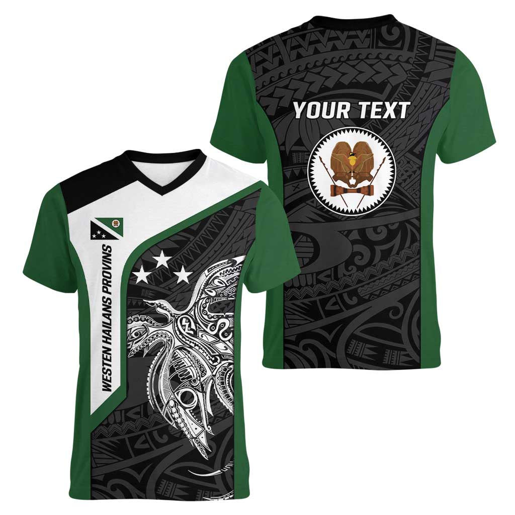 Personalised PNG Western Highlands Province Women V-Neck T-Shirt Bird of Paradise Tattoo Flag Motif - Polynesian Pride