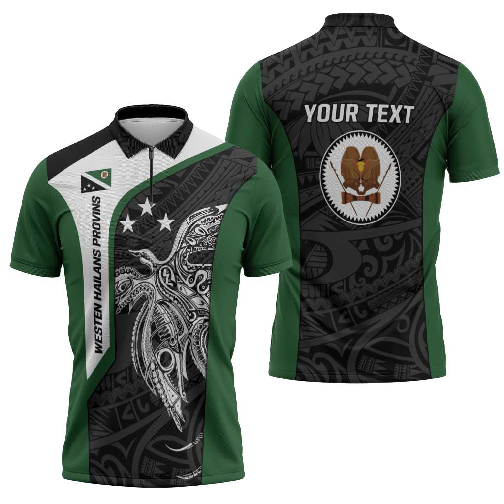 Personalised PNG Western Highlands Province Zipper Polo Shirt Bird of Paradise Tattoo Flag Motif - Polynesian Pride