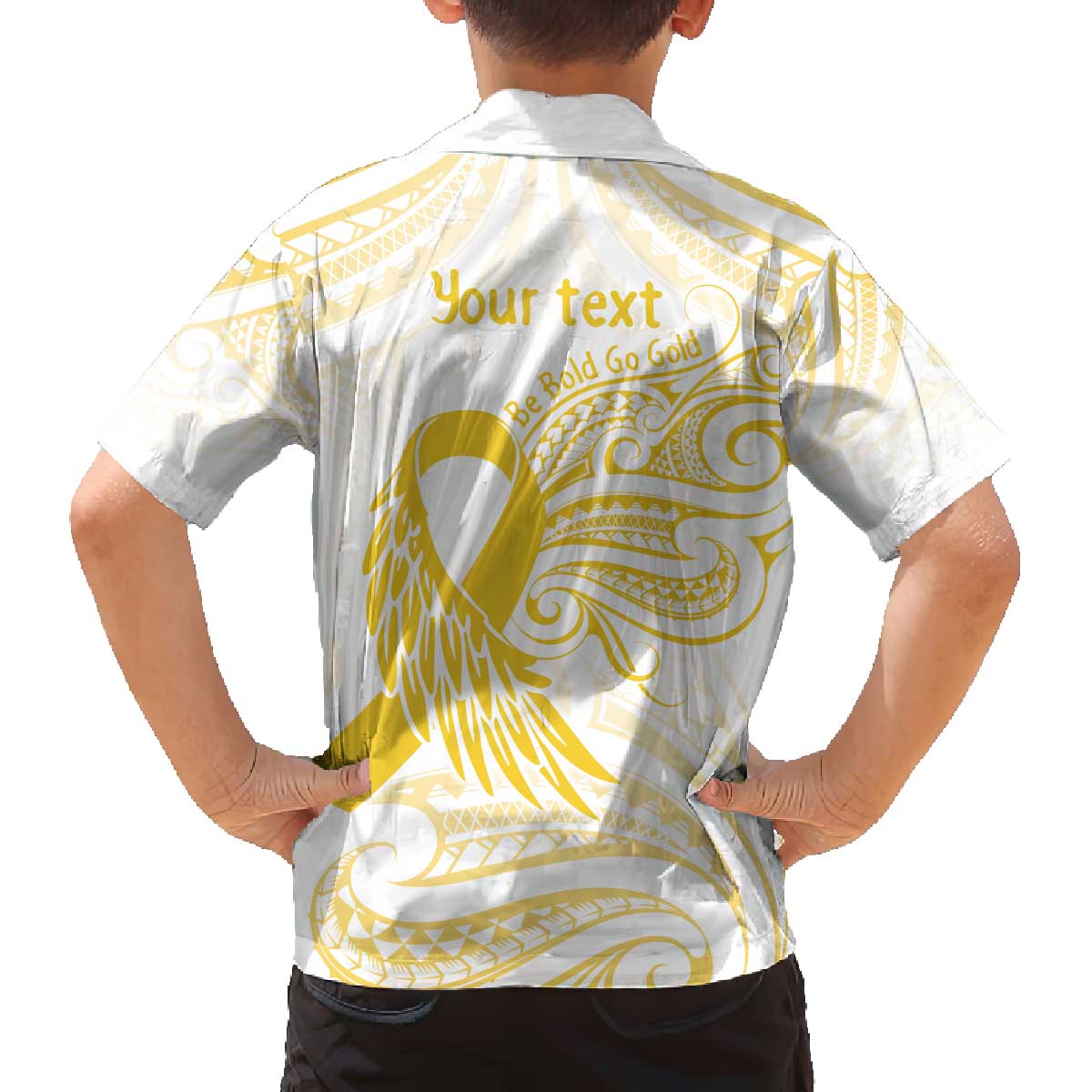 Be Bold Go Gold Polyneisan Ribbon Childhood Personalised Family Matching Off The Shoulder Long Sleeve Dress and Hawaiian Shirt LT9 - Polynesian Pride