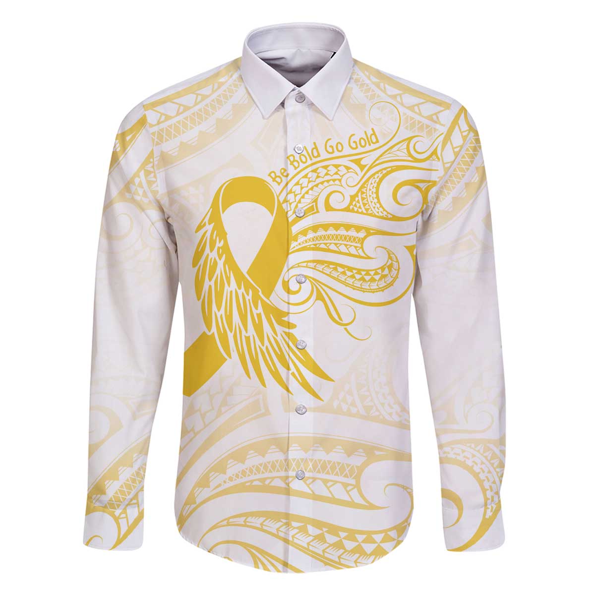 Be Bold Go Gold Polyneisan Ribbon Childhood Personalised Family Matching Off The Shoulder Long Sleeve Dress and Hawaiian Shirt LT9 Dad's Shirt - Long Sleeve Gold - Polynesian Pride