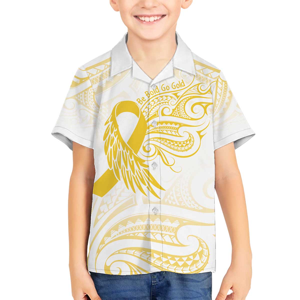 Be Bold Go Gold Polyneisan Ribbon Childhood Personalised Family Matching Off The Shoulder Long Sleeve Dress and Hawaiian Shirt LT9 Son's Shirt Gold - Polynesian Pride