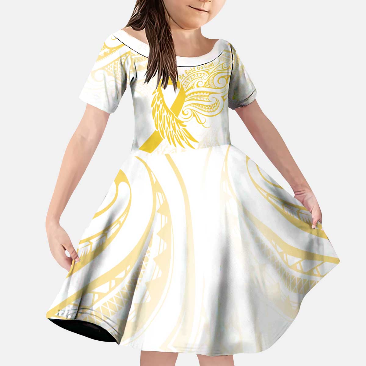 Be Bold Go Gold Polyneisan Ribbon Childhood Personalised Kid Short Sleeve Dress