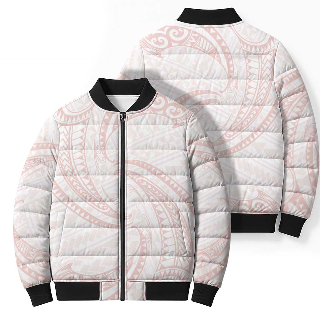 White Sunday Lotu Tamaiti Bomber Puffer Jacket Polynesian Wave Pastel Blush - Polynesian Pride
